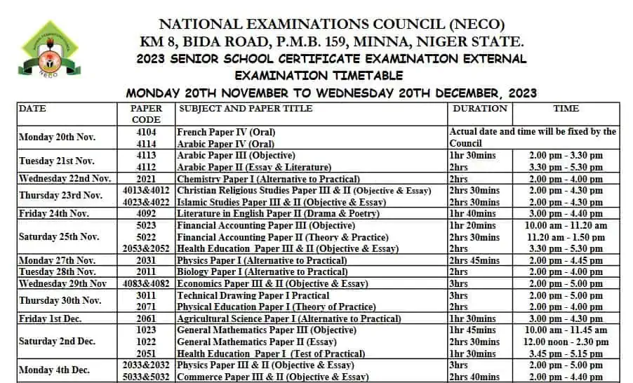 2023 NOV/DEC NECO GCE TIMETABLE (SSCE External)